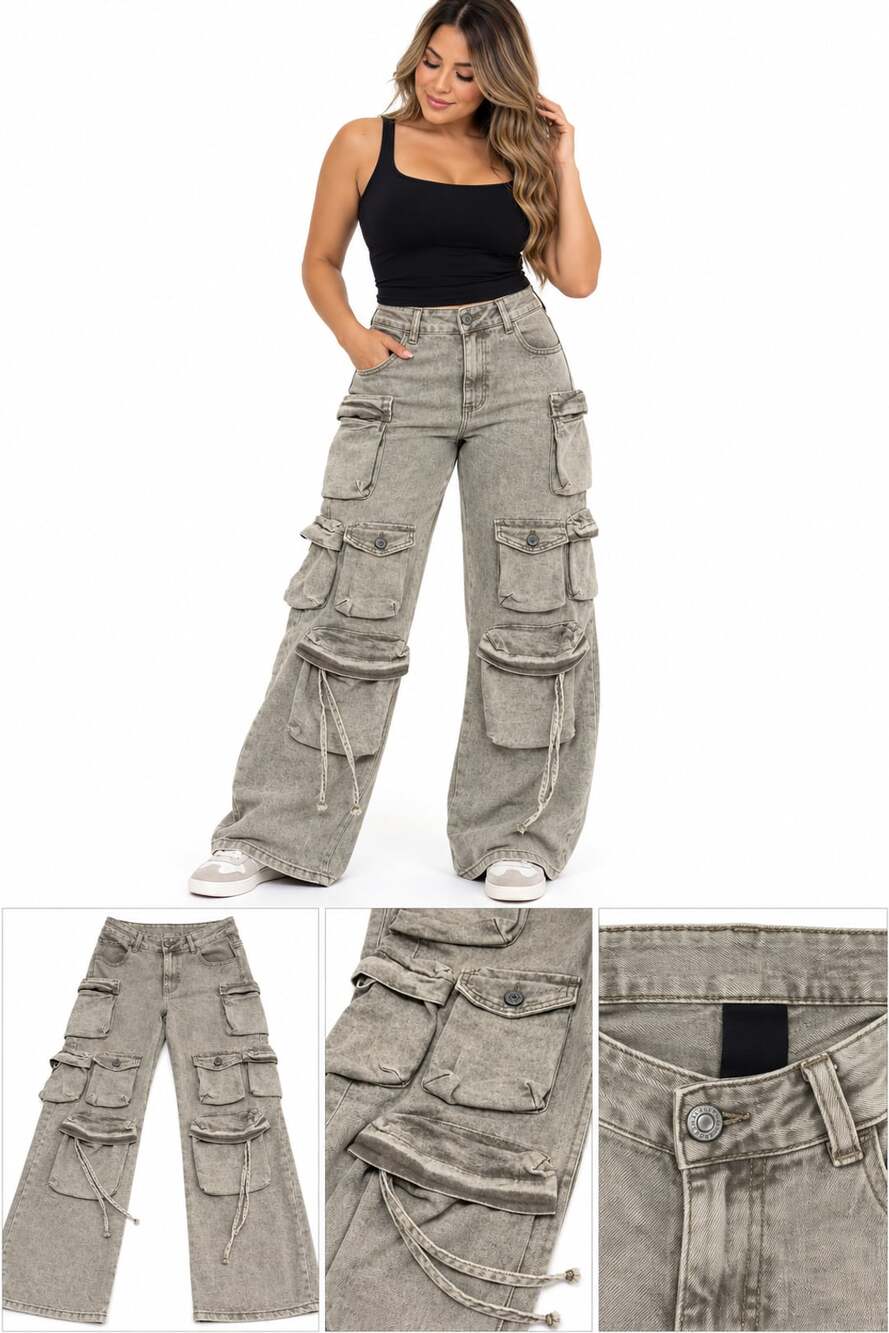 VIP Jeans Y2K Multi Pocket Cargo Wide Leg Jeans Gray Wash Size 13/31